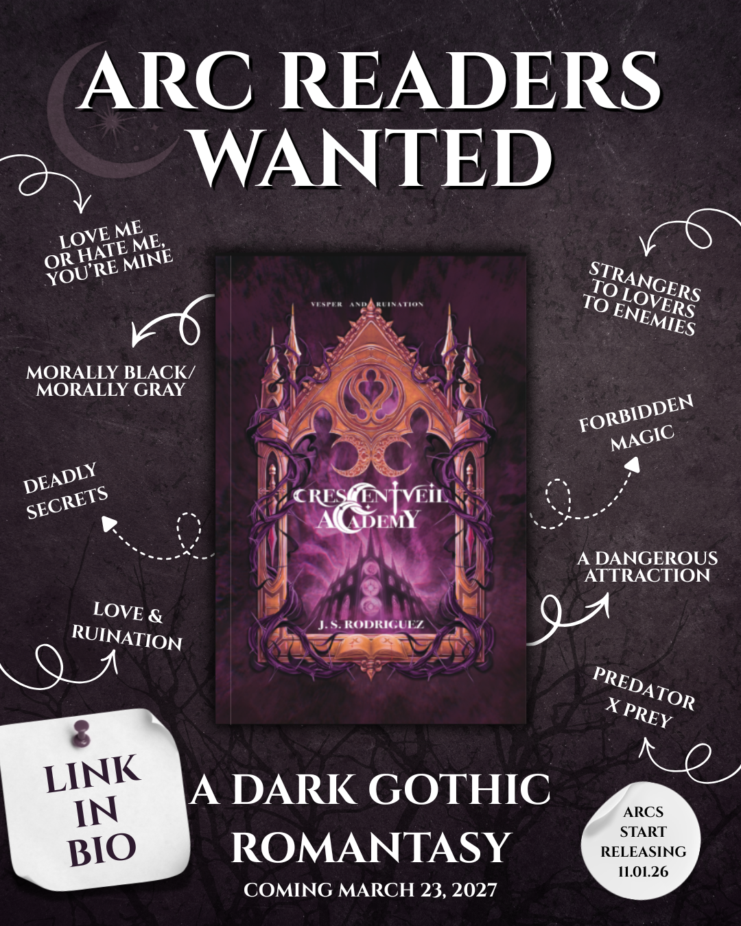 Book cover: Crescentveil Academy ARC Readers Wanted